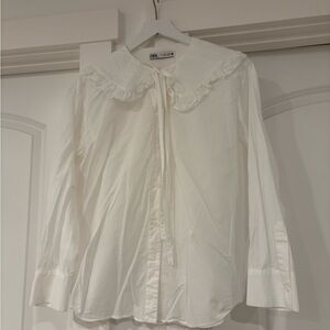 ZARA Cream Ruffled Tie-Neck Blouse